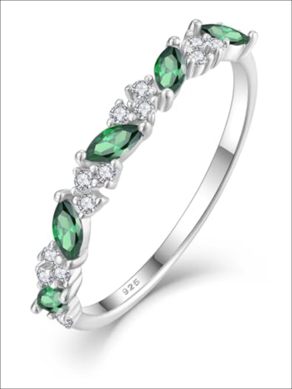 Sterling Silver 18K White Gold Plated Halo Emerald Ring Stackable Eternity